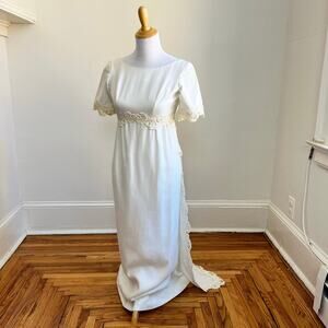 Vintage 60s Linen Wedding Dress Murray Hamburger ILGWU Lace Trim Gown Train 2